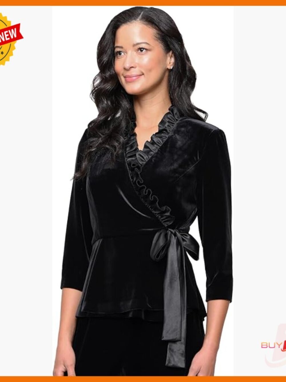 Velvet Blouse Top 3/4 Sleeve V-Neck Ruffle Collar Holiday Party